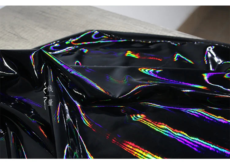 Black Iridescent Synthetic Leather Fabric Technology Oriented Micro Elastic TPU Fabrics Clothing Designer Cloth for Diy Sewing