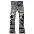 Men's Pearl Boot Cut Denim Jeans Embroidery Patch Slim Flared Pants Casual Streetwear Vintage Blue Trousers