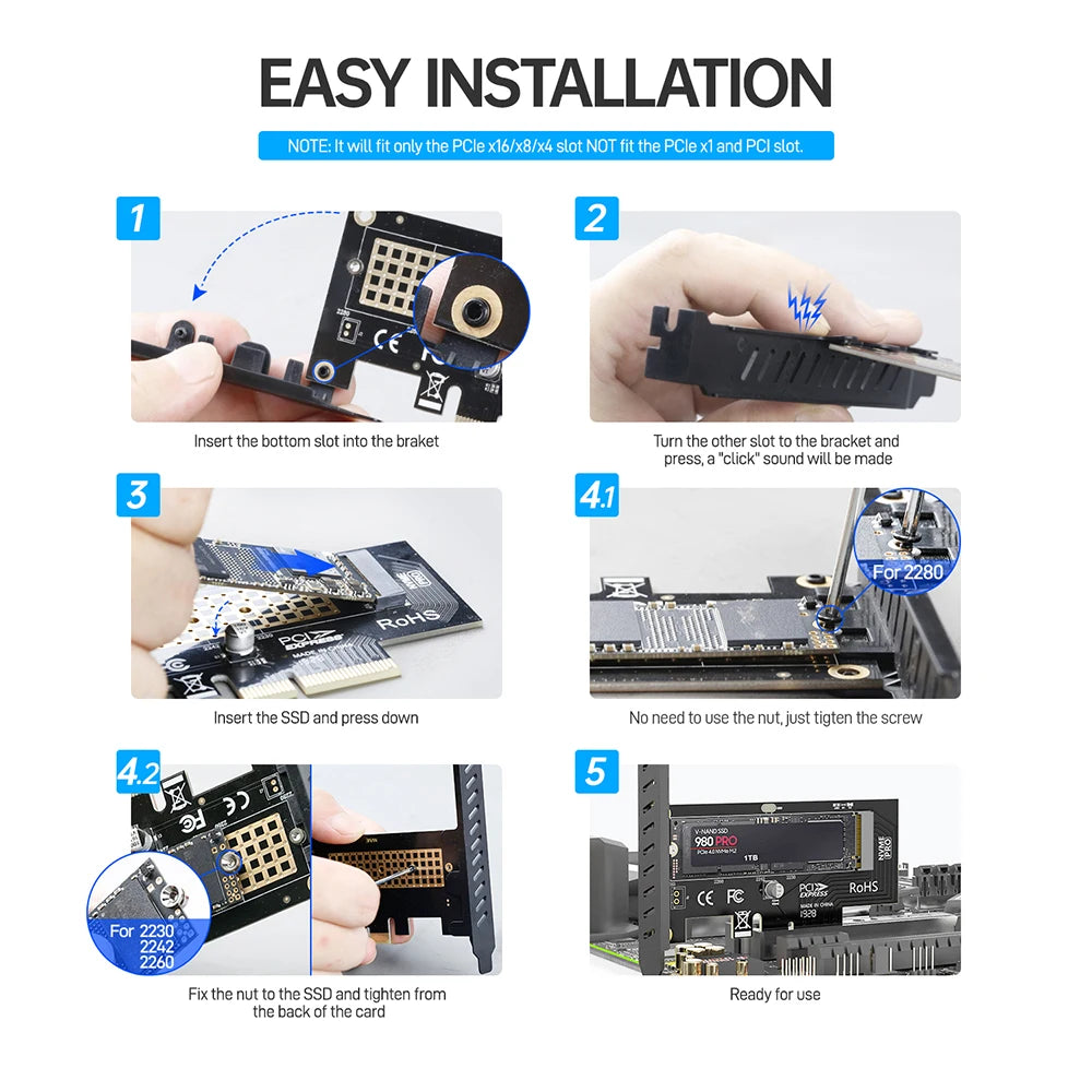 JEYI PCIe to NVMe Adapter With Aluminum SSD Heatsink Cooler, 64Gbps M.2 ssd PCIe 4.0 X4 X8 X16 Expansion Card for Desktop
