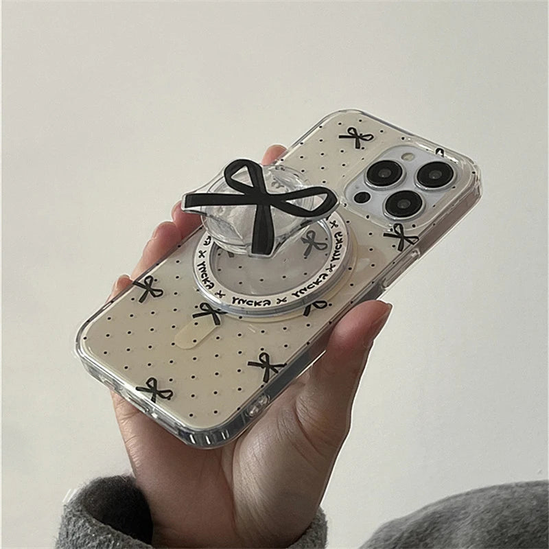 Korean Cute Black Bow For Magsafe Magnetic Phone Griptok Grip Tok  Stand For iPhone 15 14 13 Foldable Wireless Charging Holder
