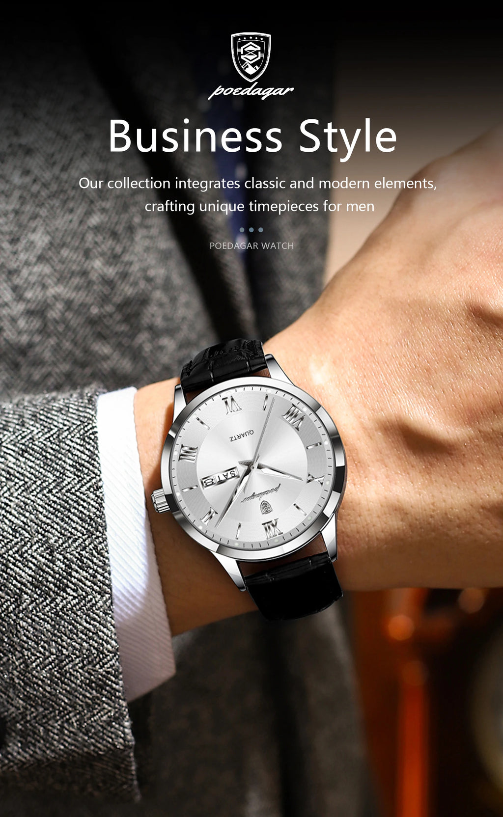 POEDAGAR Classic Luxury Men's Wristwatch Date Week Leather Business Man Watch Waterproof Luminous Fashion Quartz Watches For Men