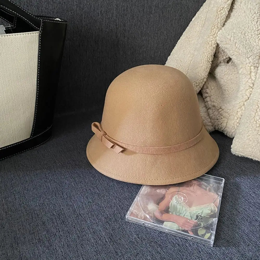 Fashion Hepburnesque Felt Formal Hat Panama Cap British Style Bowknot Bucket Hat Wealthy Heiress Style Autumn