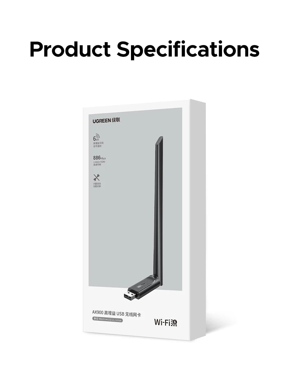 UGREEN WiFi Adapter Bluetooth Adater AX900 5G&2.4G Dual Band WiFi6 Dongle Adapter for Desktop PC Laptop Accessories 6dBi Antenna