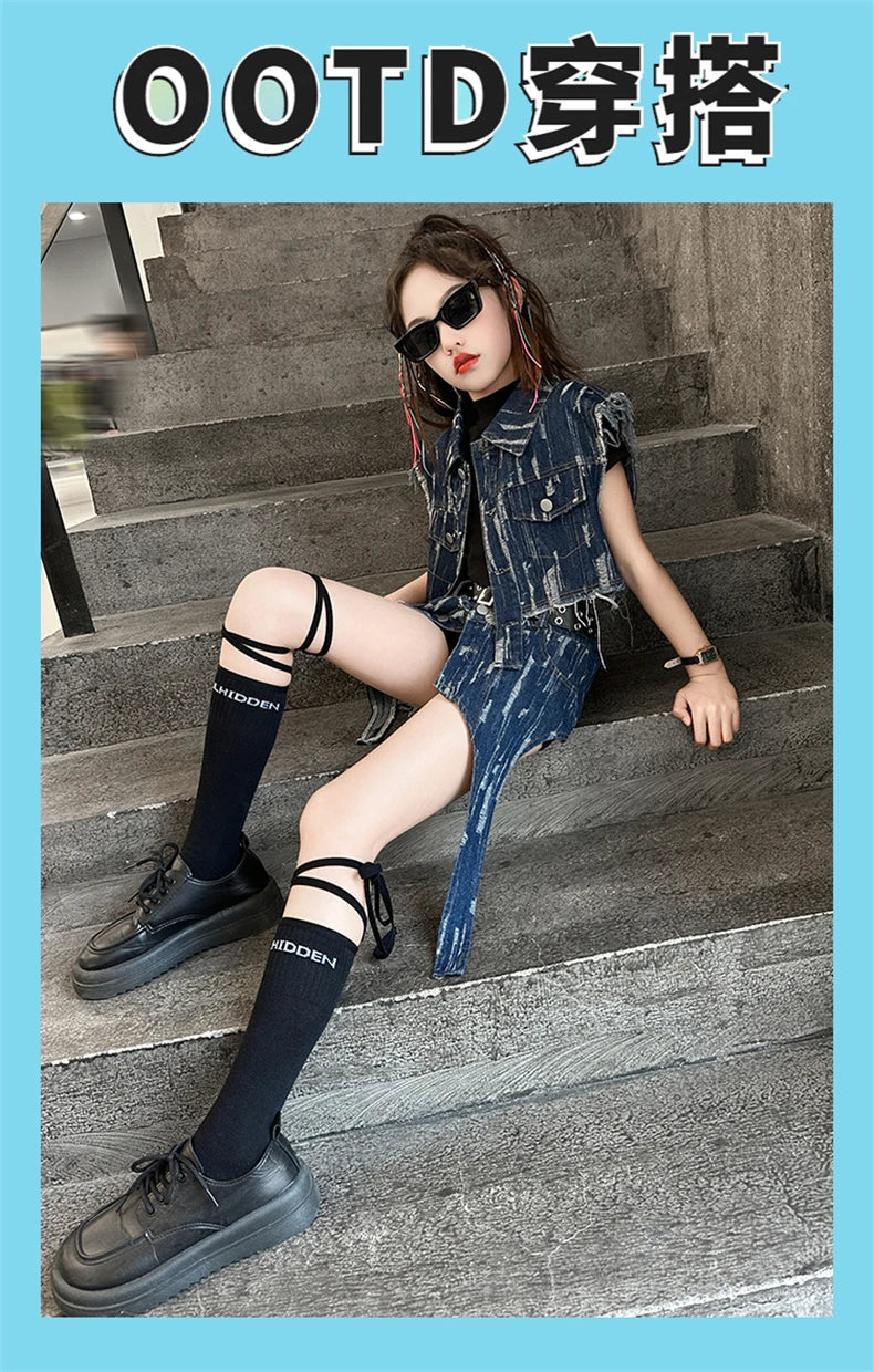 junior Girls Street Jazz Dance Set short denim vest jacket+Irregular skirt black top shorts belt teen girls clothes suit outfits