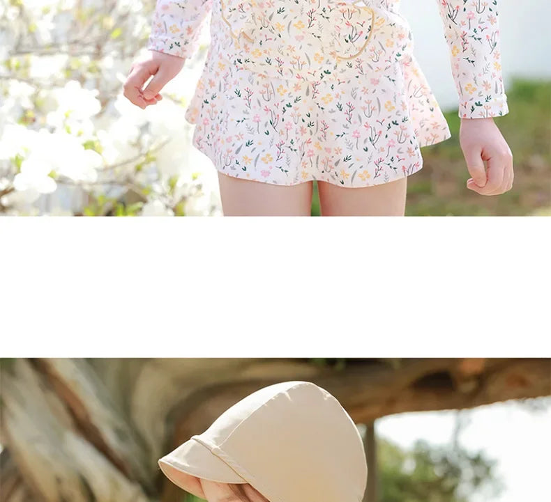 Children's Swimsuit for Girls 2025 New Style Split Long Sleeved Short Skirt Sunscreen Hat Quick Drying Four Piece Set Swimsuit