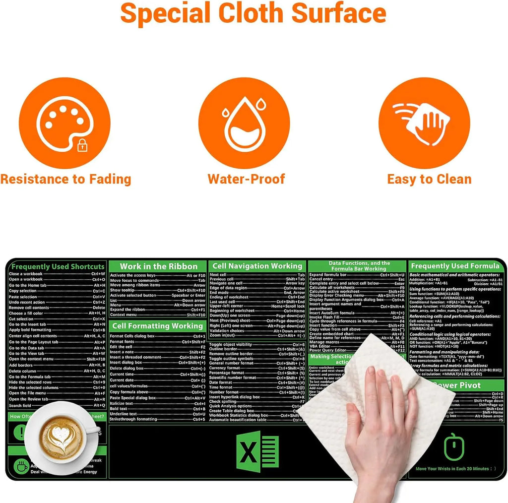 Excel Cheat Sheet Desk Pad, Excel Shortcuts Mousepad Stitched Edges, Non-Slip Base Keyboard Mats, XXL Mouse Pads for Desk Mat