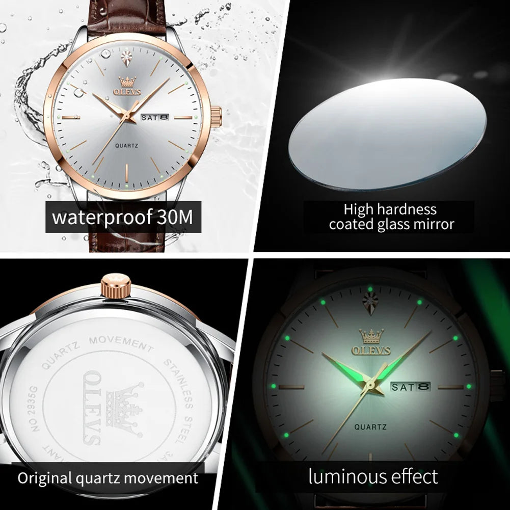 OLEVS 2935 Original Business Men Watch Leather Strap Trend Week Calendar Quartz Watch Luminous Waterproof 43mm Dial wristwatch