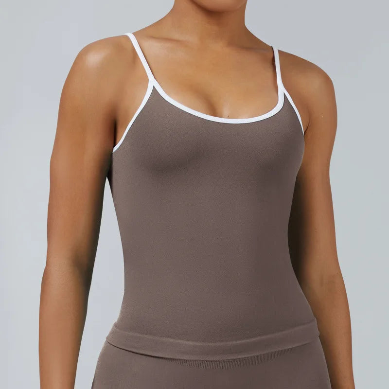 Women Color Blocking Gym Sports Short Tops Summer Yoga Fitness Sexy Backless Knit Camis with Chest Cushion Suspender