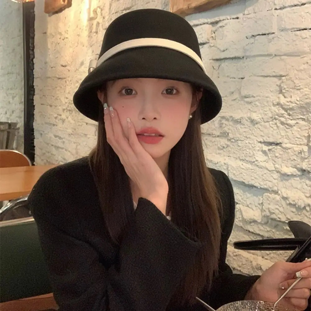 Retro Hepburnesque Felt Formal Hat Panama Cap Wealthy Heiress Style Bowknot Bucket Hat British Style Travel