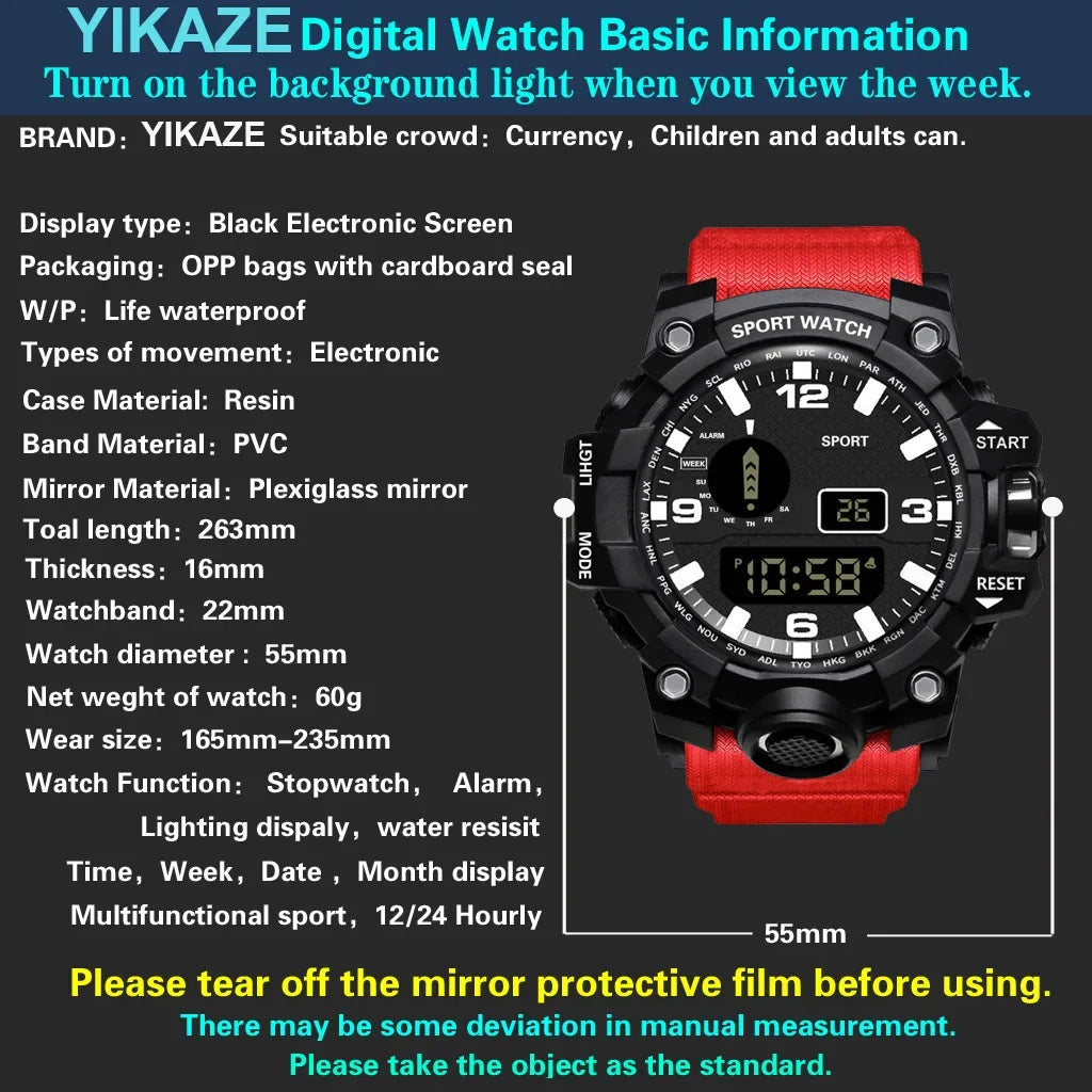 YIKAZE Men's Watch LED Digital Men Sport Watches Fitness Electronic Watch Multifunction Military Sports Watches Clock Kids Gifts