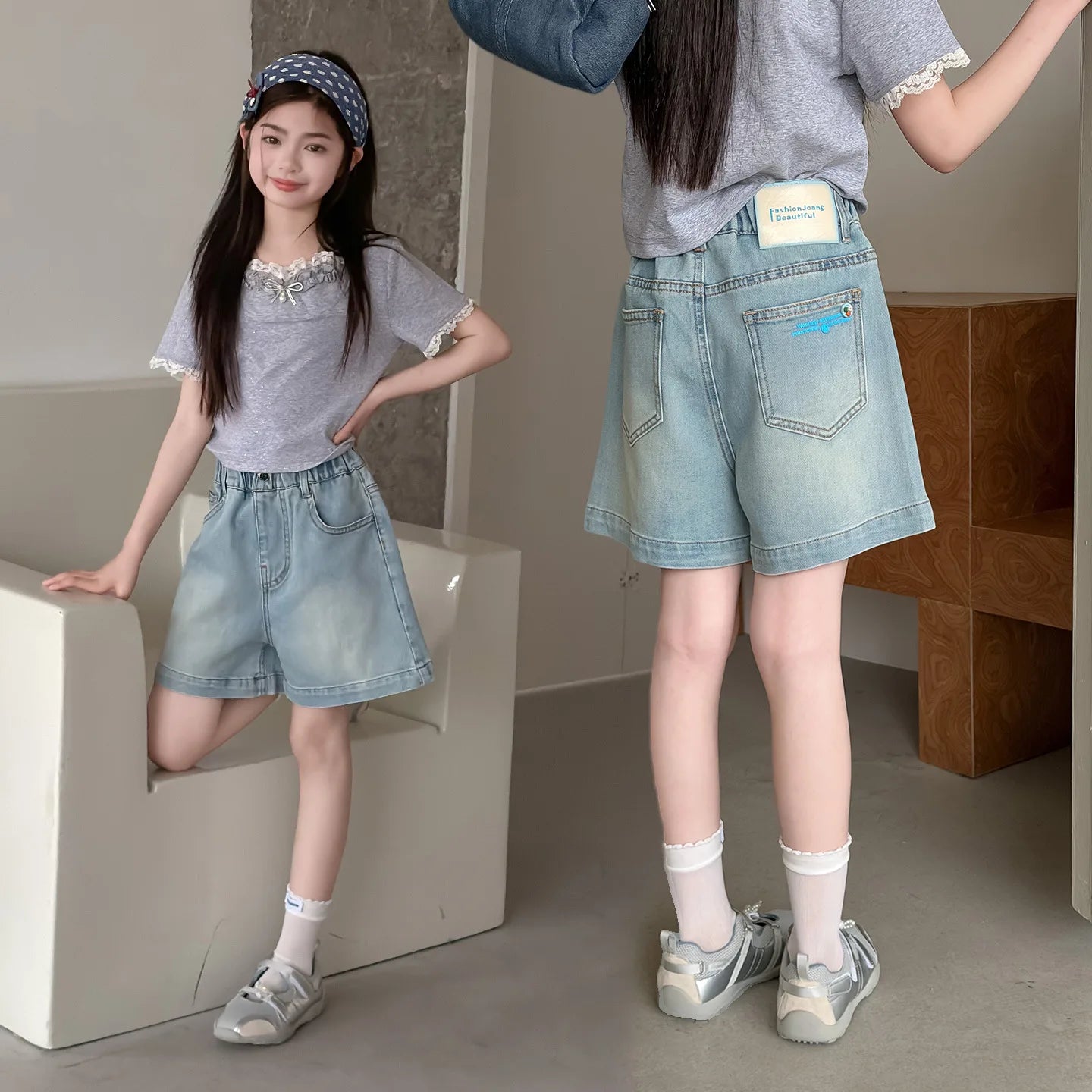 Summer Teenager Girls Denim Shorts Casual Pocket Letters Shorts Junior Girl Kids Clothes 4-14Years