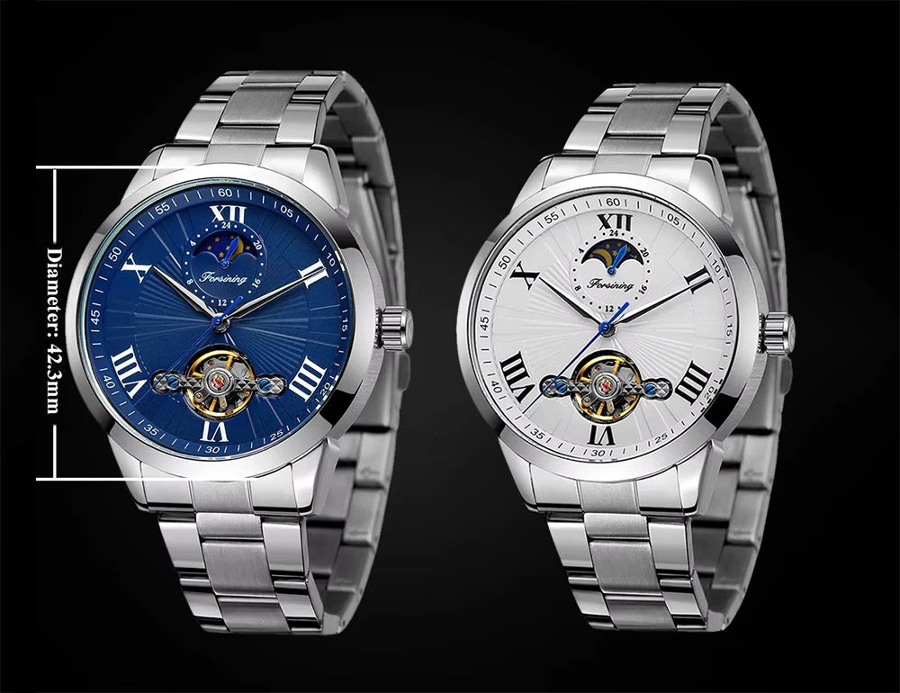 Forsining Men's Automatic Tourbillon Moon Phase Mechanical Watch Stainless Steel 3ATM Waterproof Luxury Design Business Style