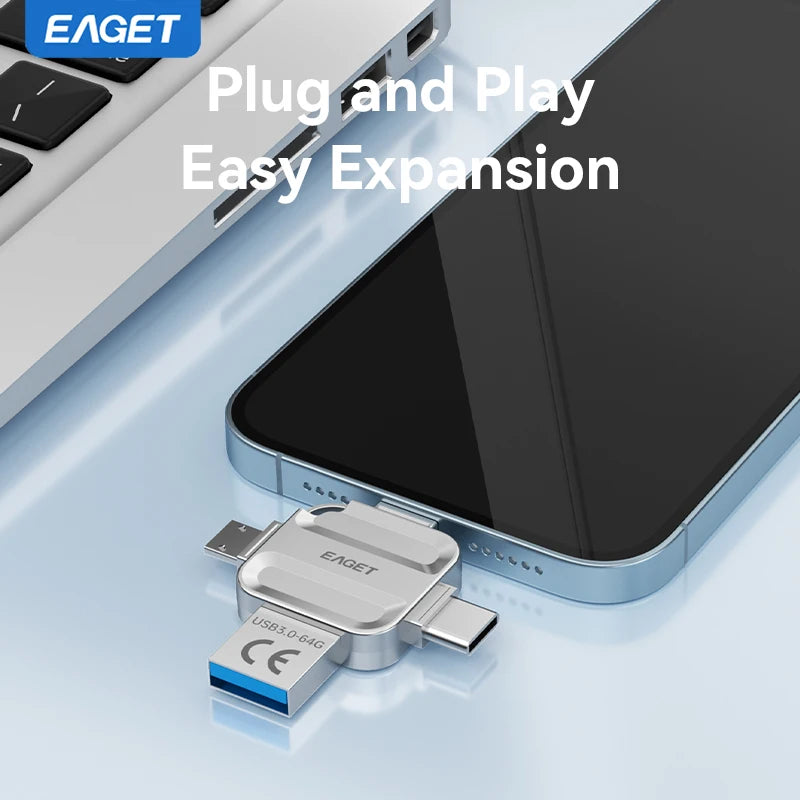 EAGET 4-in-1 OTG USB 3.0 Flash Drive[32GB/64GB/128GB/256GB] Type C Lightning Micro USB for iPhone Android, Memory Stick - i71