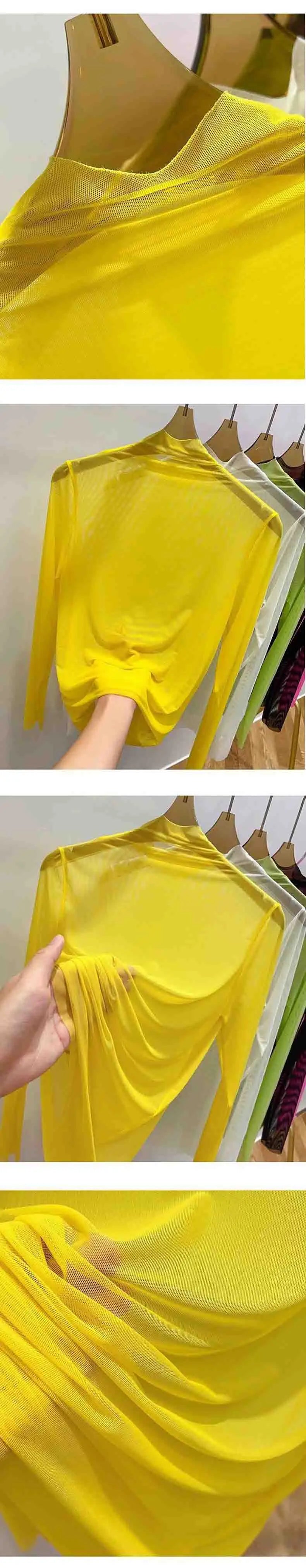 Transparent Gauze Bottoming T-shirt Women Clothing Summer Long Sleeved T-shirt with Gauze Shirt Half High Collar Sunscreen 2023