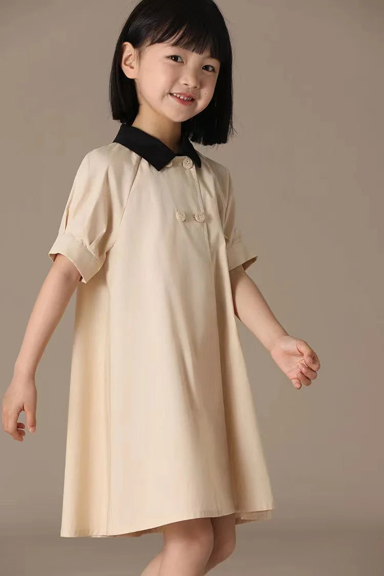 Girls Dress 2025 Spring Summer New Simple Temperament Cotton Contrasting Turn-down Collar Double Breasted Short Sleeved Dress