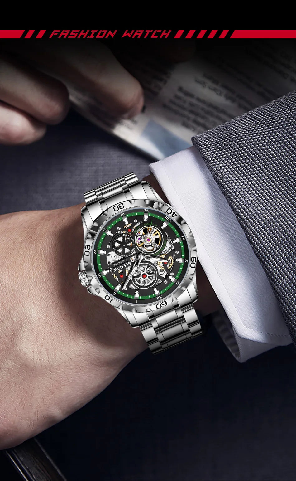 2025 GLENAW NEW Steampunk Skeleton Men Watch Luxury Automatic Mechanical Watches Luminous waterproof Stainless Steel Strap Watch
