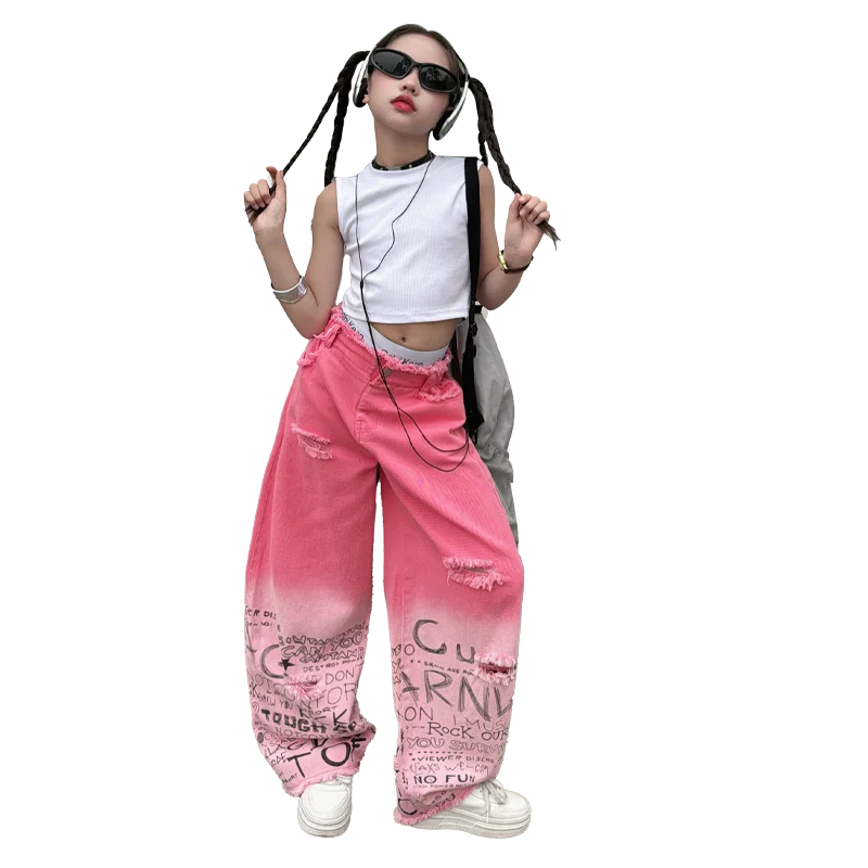 junior girls pink gradient color hole wide leg jeans cotton teenager kids Mop pants pant children trousers adolecentes 4 12 14