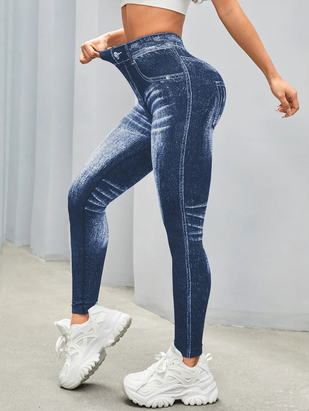Women's Gym Printed Yoga Tight Pants Seamless High Waisted Denim-like Perforated Fake Pocket Tight Pants Yoga Fitness Leggings