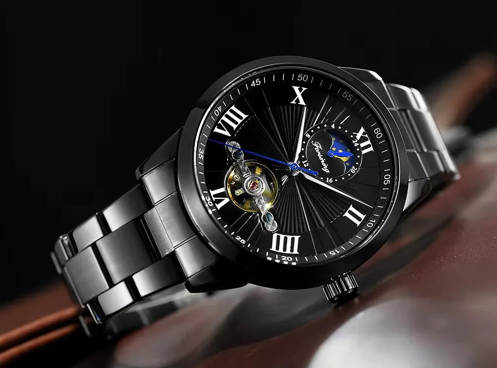 Forsining Men's Automatic Tourbillon Moon Phase Mechanical Watch Stainless Steel 3ATM Waterproof Luxury Design Business Style