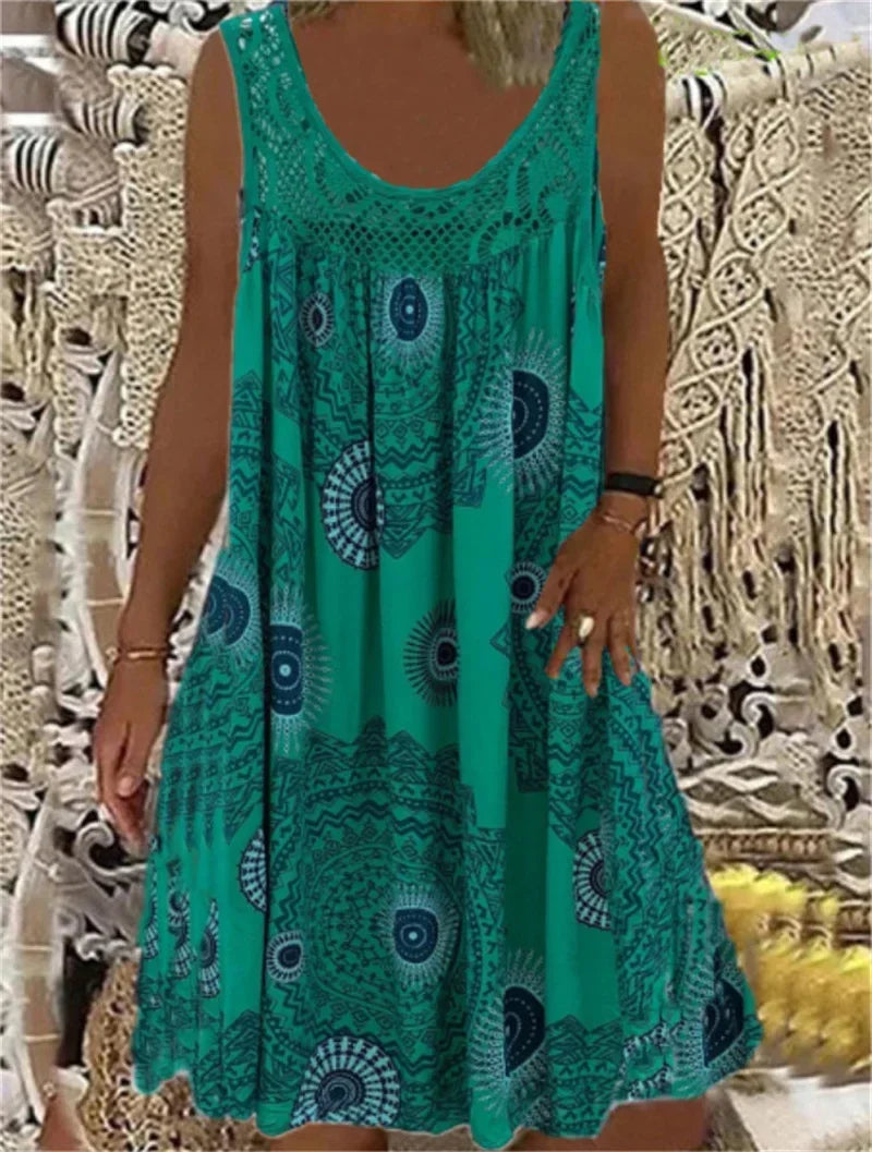 Elegant Lace Splicing O Neck Dresses Women Summer Comfortable Casual Sleeveless Dress Vintage Print Female Loose Midi Gown 2024