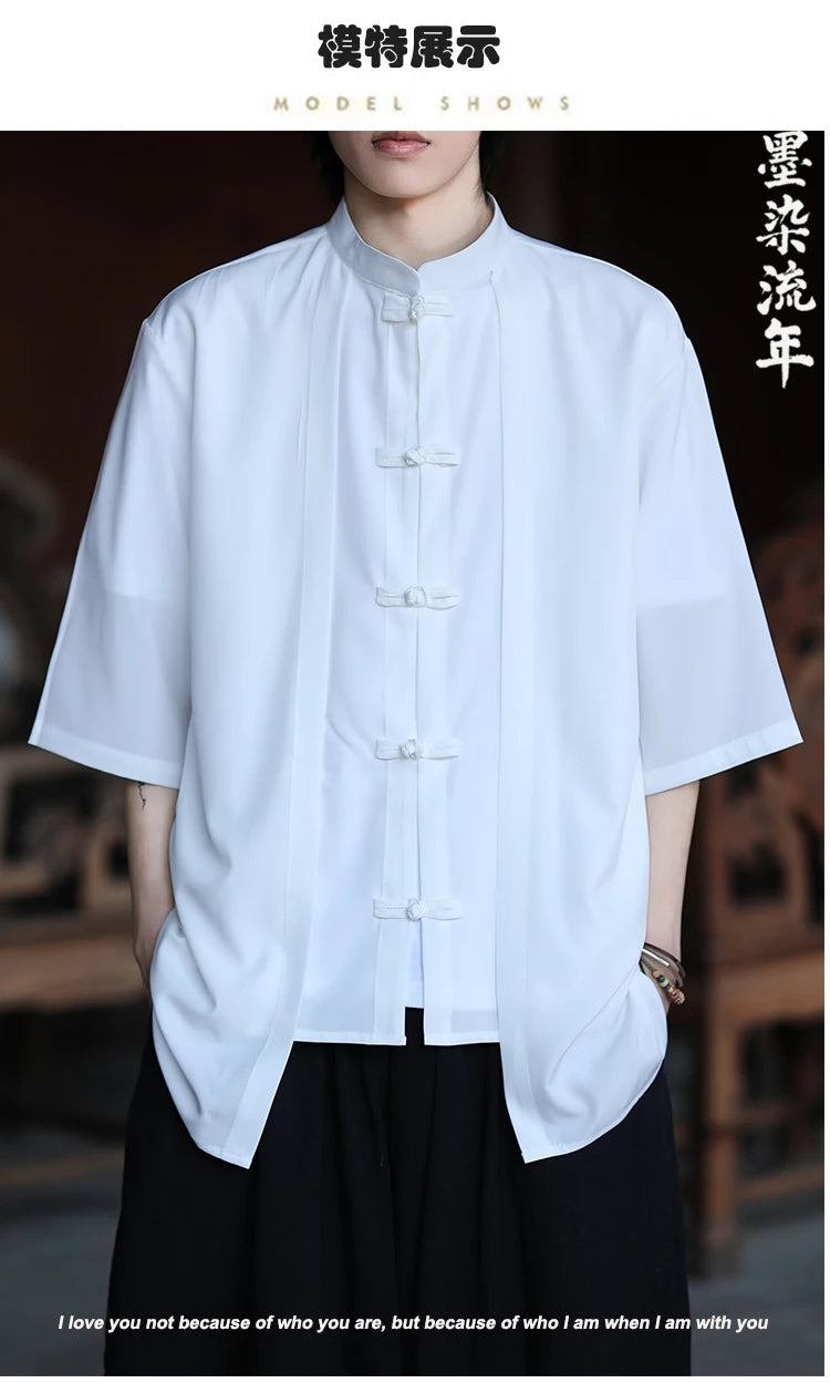Chinese Shirt Men Ice Silk Chinese Style Comfortable Breathable Retro Shirt  Men Casual Summer Loose Fit Fashion Solid Color Top