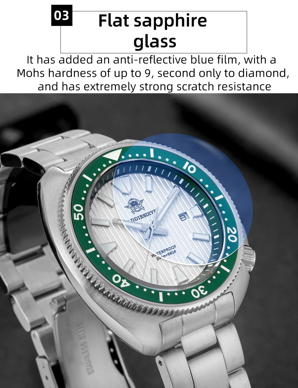ADDIESDIVE Watch For Man AD2507 Sapphire Crystals Window Display BGW9 Luminous 200M waterproof 316L Stainless Steel Quartz Watch