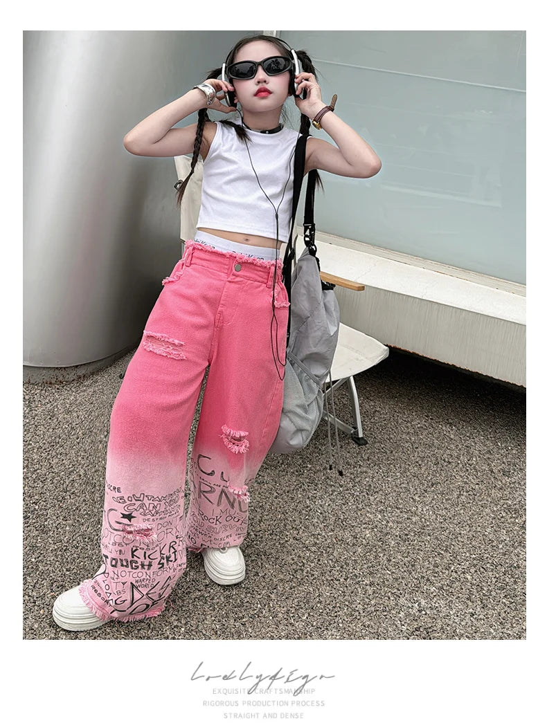 junior girls pink gradient color hole wide leg jeans cotton teenager kids Mop pants pant children trousers adolecentes 4 12 14