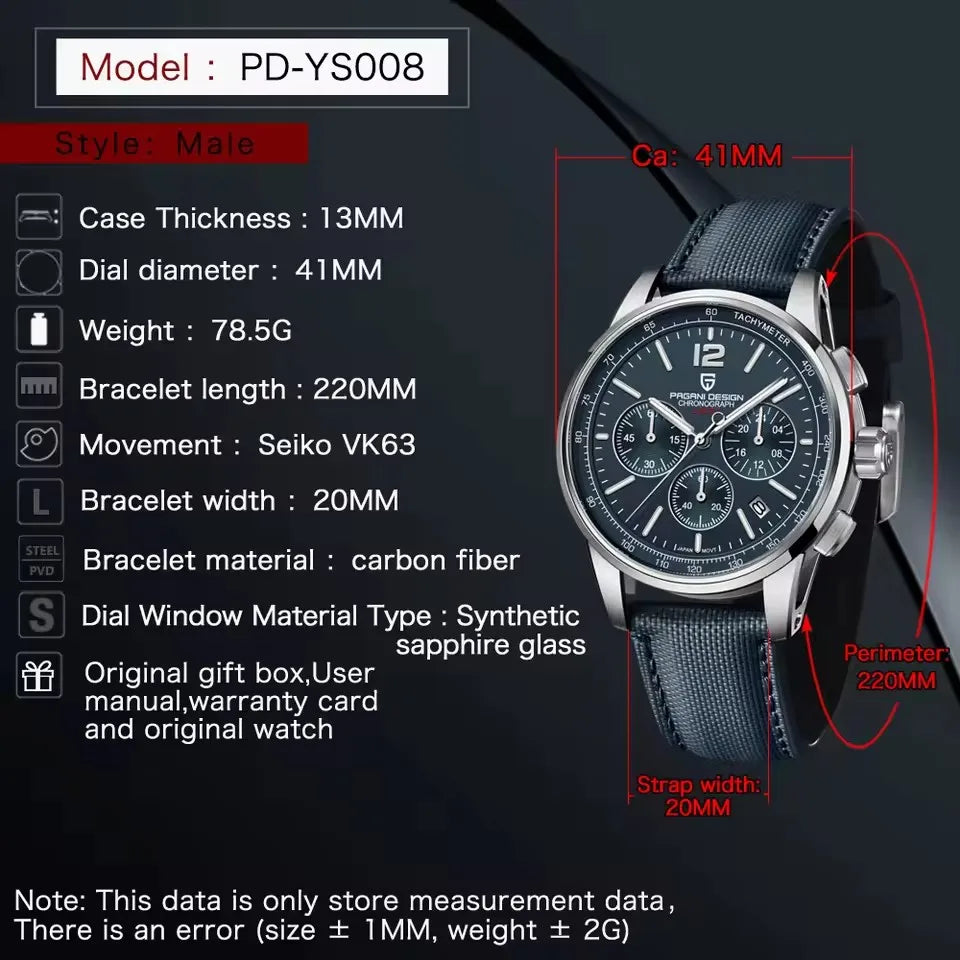 PAGANI DESIGN 2025 New Luxury Fashion Casual Men Quartz Watches VK63 100M Water Resistant Sapphire Glass Stainless Steel Watches