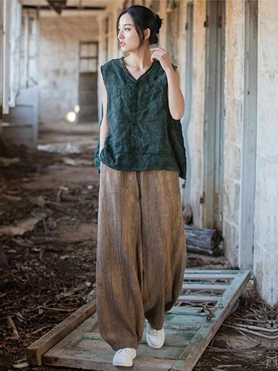 Elegant Women's Cotton Linen Baggy Cargo Pants Vintage Elastic Waist Yoga Trousers Loose Casual Long Wide Leg Oversize Clothes