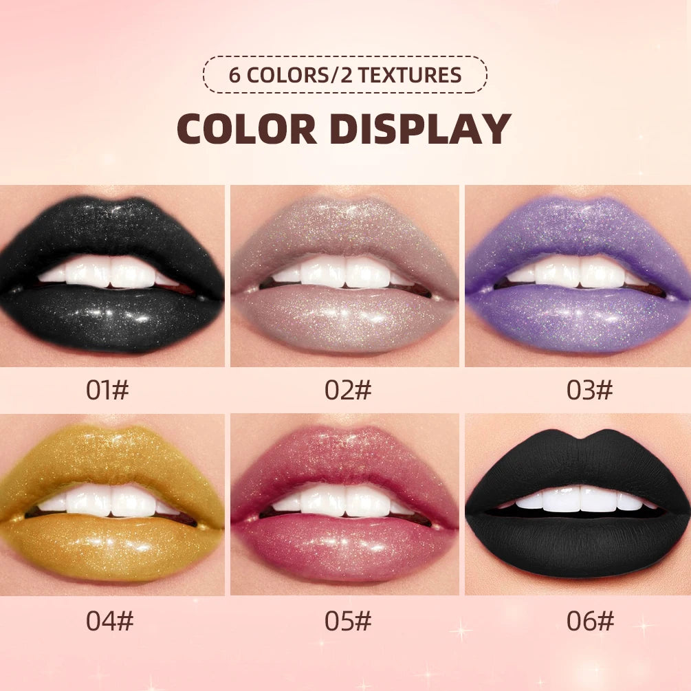 6 Colors Glitter Lipstick Long Lasting Diamond Pearlescent Metallic Lipgloss Black Matte Liquid Lipstick Women Lip Tint Makeup