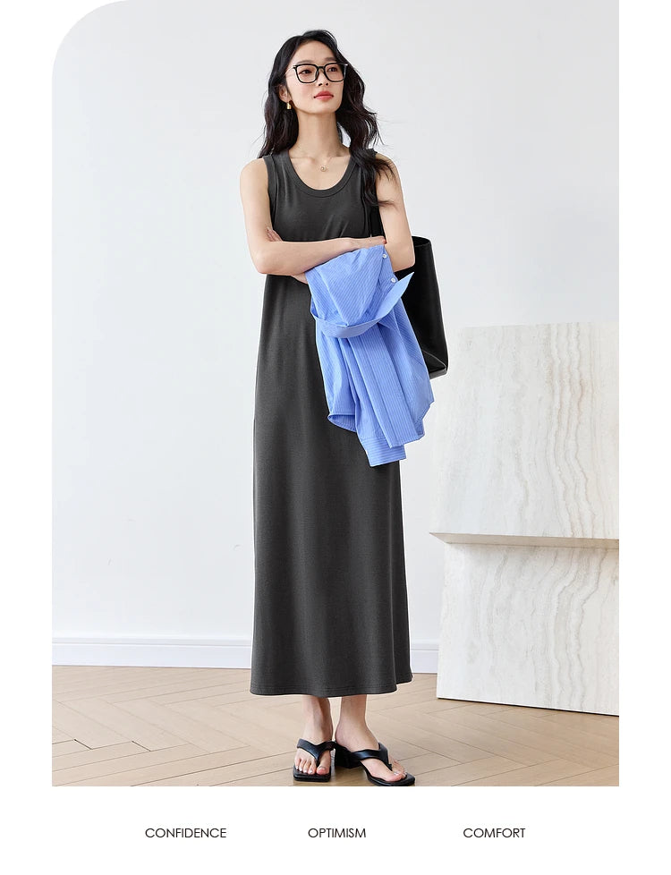 VIMLY Summer Tank Dresses 2026 Woman Simple Gray Cotton Blend Knitted Loose Sleeveless A Line Long Dress Women's Clothing M9852
