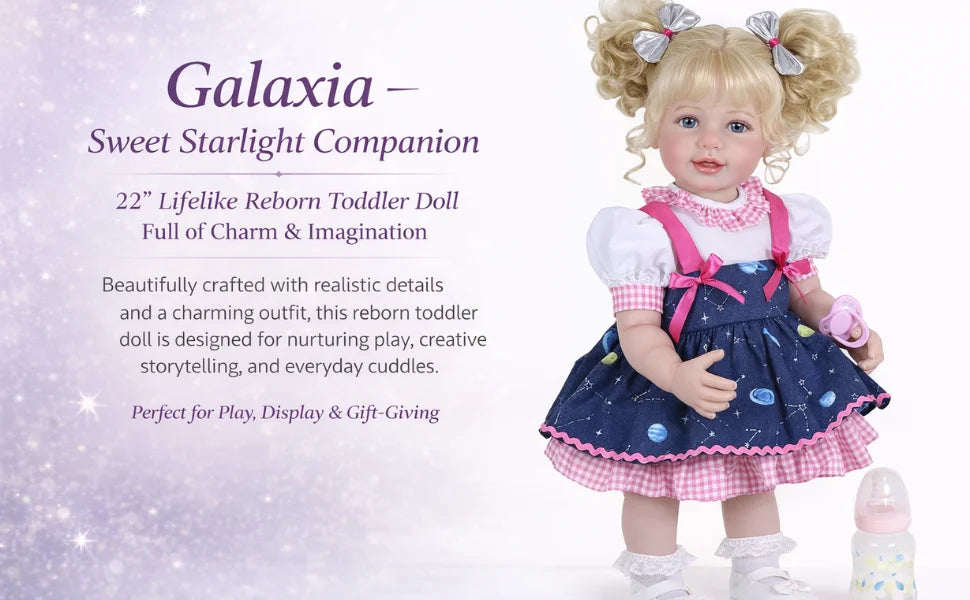 Galaxia Girl” – 22” Realistic Reborn Toddler Doll with Blonde Curly Hair, Light Skin Tone, Hand-Painted Face