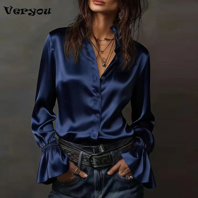 Elegant Blouses For Women Spring Autumn Satin Shirt Women Fashion Flare Long Sleeve Button Silk Blouse All Match Office Lady Top