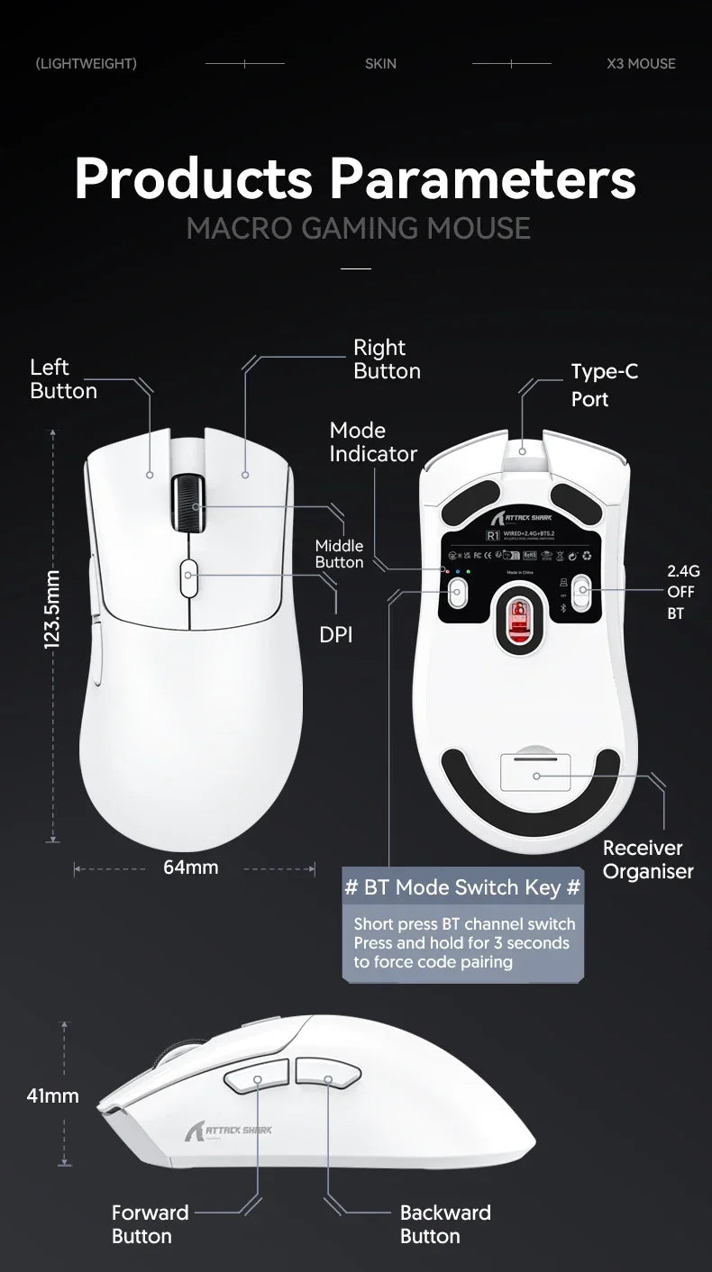 Attack Shark R1 Wireless Mouse Lightweight Ergonomic DesignMouse 1000Hz Bluetooth Tri-mode Connection 18000dpi Optical Mouse
