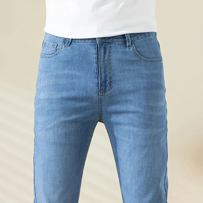 Summer Thin Mens Clothing Cowboys Slim Straight Jeans Men Denim Pants Casual Regular Fitness Men's Trousers Light Blue 2025