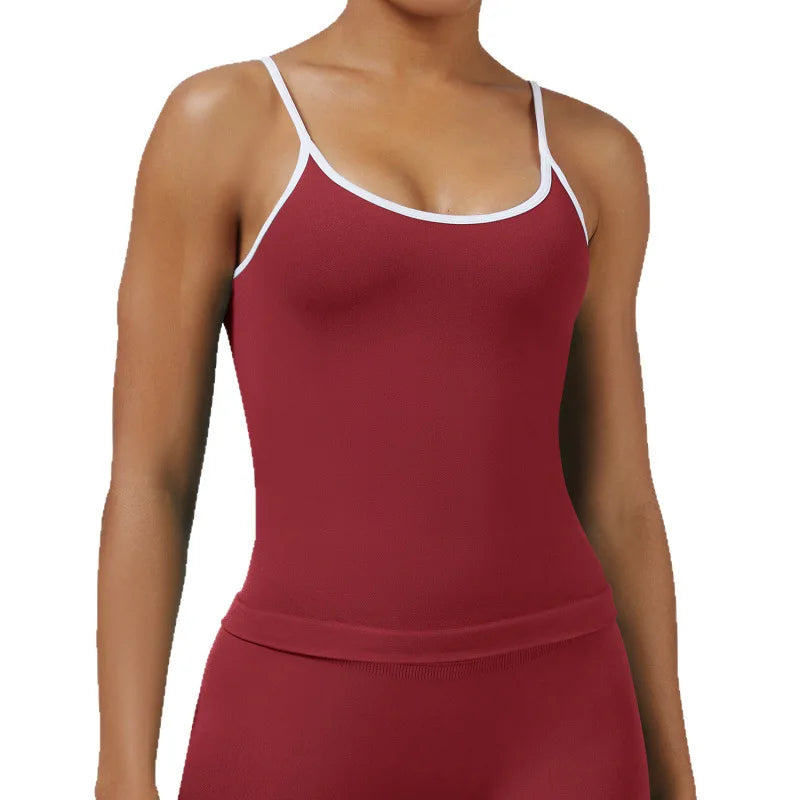 Women Color Blocking Gym Sports Short Tops Summer Yoga Fitness Sexy Backless Knit Camis with Chest Cushion Suspender