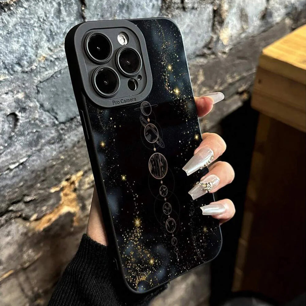 Precise Hollow Moon Star Planet Glitter Eclipse Painted Phone Case For iPhone 17 16 Pro Max 15 14 13 12 11 XS XR 7 8 Plus Cover