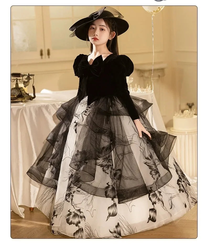 Girls' Spring Dress 3-14y Sweet Girls Floral Puff Long Sleeve PrincessCostumes Vestidos Dresses Kid's Clothes Children's Mes