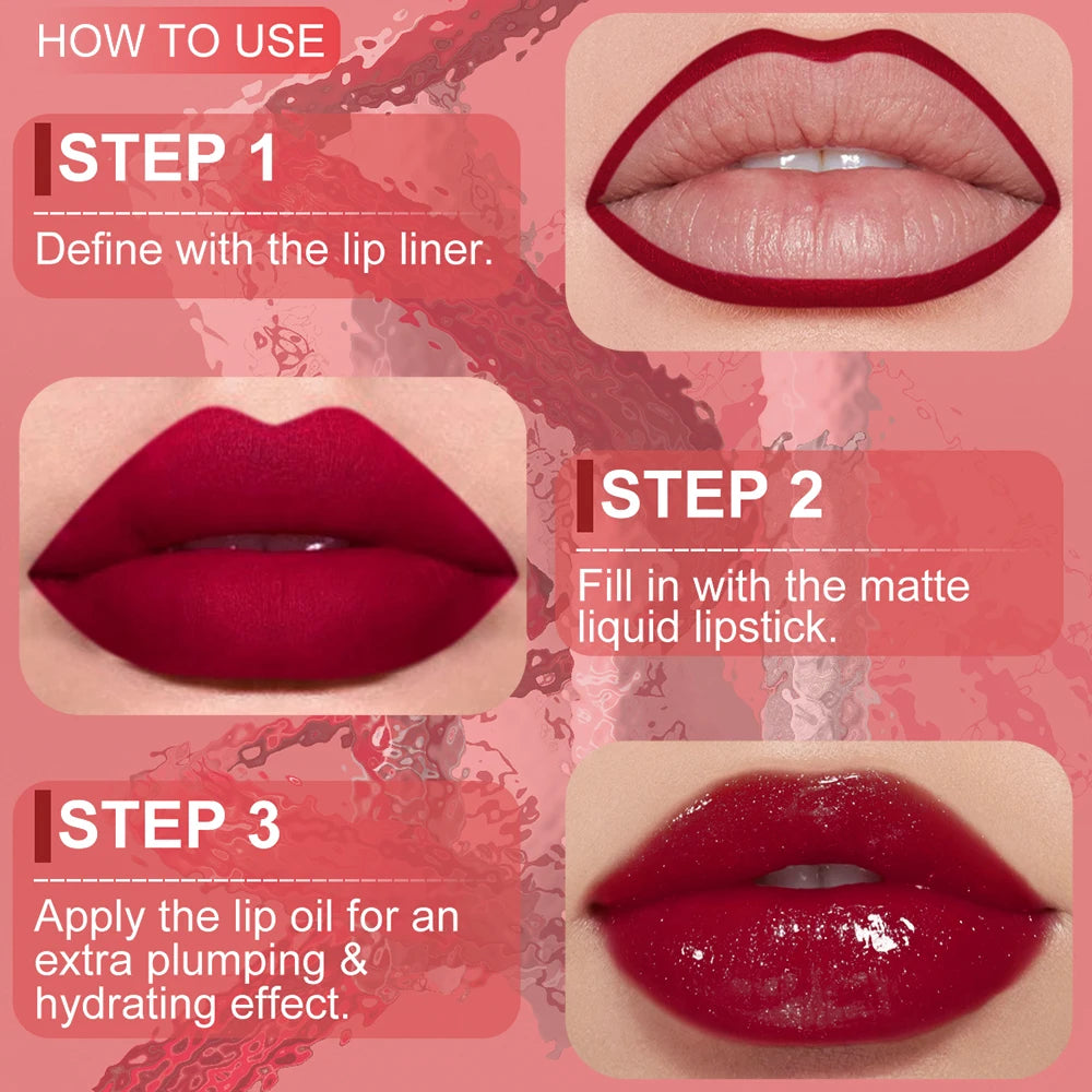 Matte Lip Liner Lip Gloss Lip Oil Set, 3-in-1 Waterproof Non-sticky Long-Lasting Lipstick, Nude Deep Red Mauve, Christmas Makeup