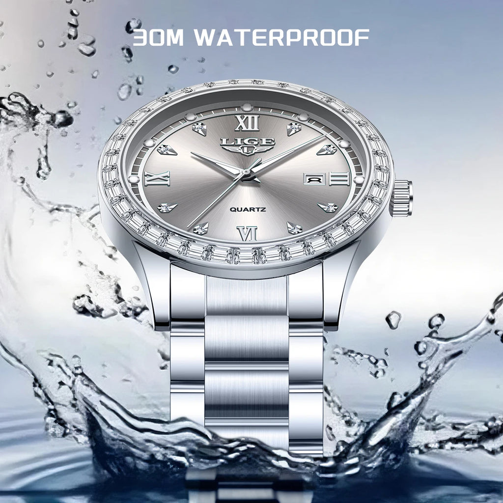 LIGE Creative Diamond Design Watch Women Waterproof Stainless Steel Luminous Ladies Watches Simple Elegant Quartz Wristwatch
