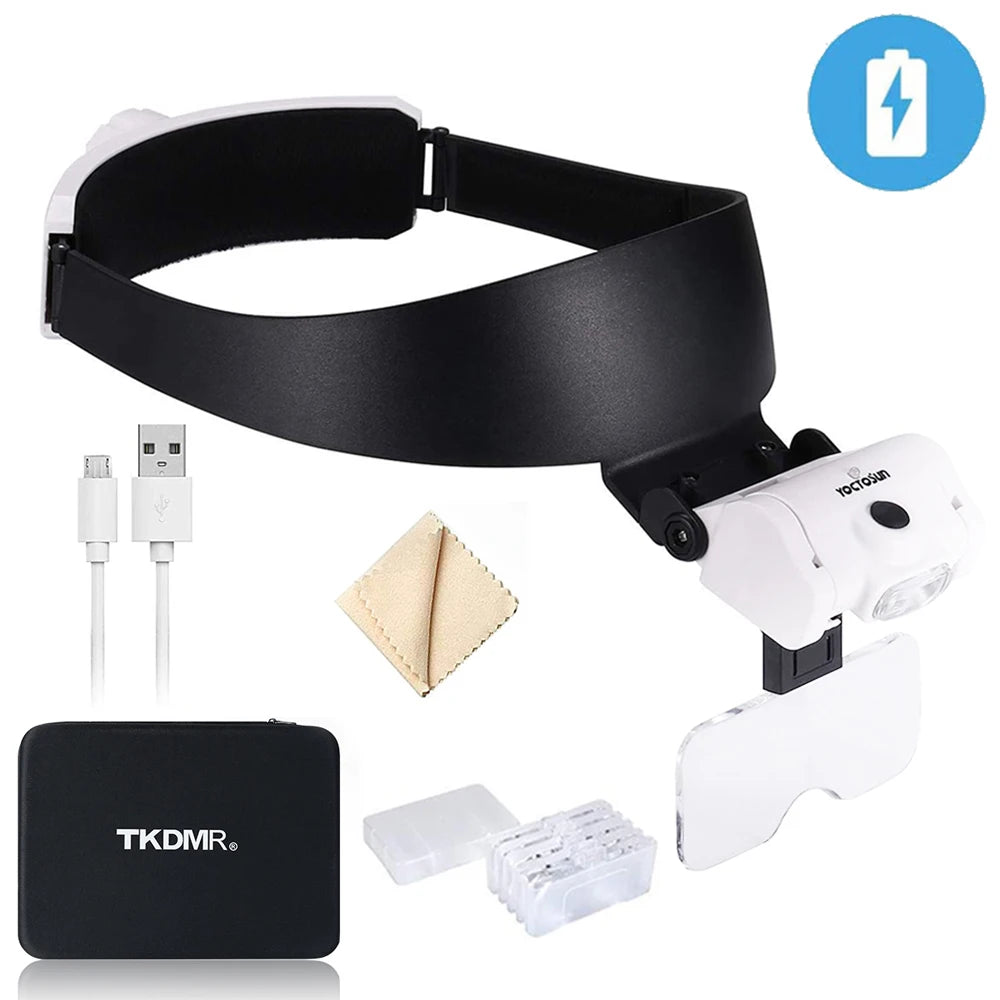 TKDMR USB Rechargeabl Head Mounted Binocular Eyewear Loupe Magnifier with 3LED Illuminated Headband Magnifying Glass For Reading
