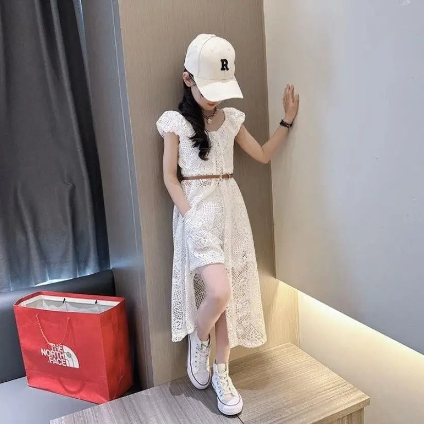 Girls' Set 2025 New Summer Korean  Lace Hollow Set Elegant Medium sized Children's Dress