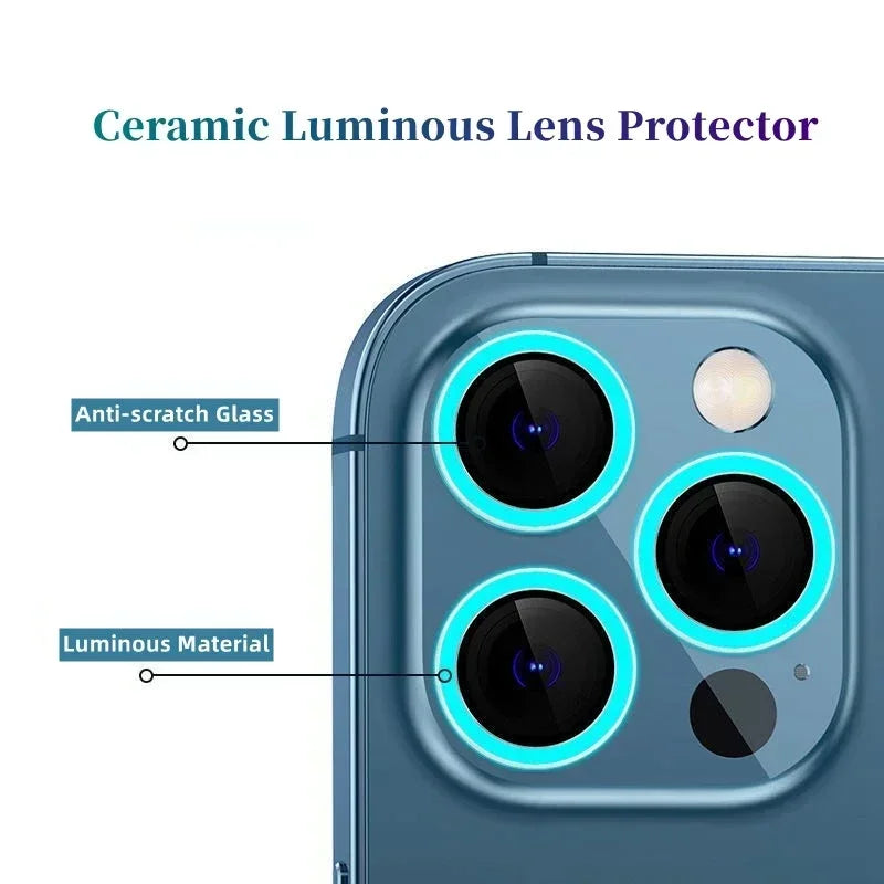 Luminous Ceramic Camera Protector Film For iPhone 14 13 12 11 15 Pro Max 14 Plus 12 13 mini Lens Ring Tempered Glass Glowing Cap