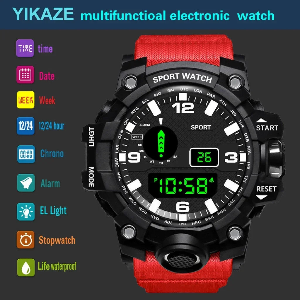 YIKAZE Men's Watch LED Digital Men Sport Watches Fitness Electronic Watch Multifunction Military Sports Watches Clock Kids Gifts