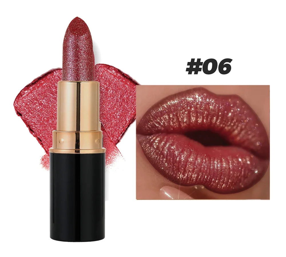 Black Tube Shiny Diamond Lipstick Pearl Moisturizing Glitter Lip Tint Balm Waterproof  Lasting Lip Gloss Shimmer Sexy Lip Makeup