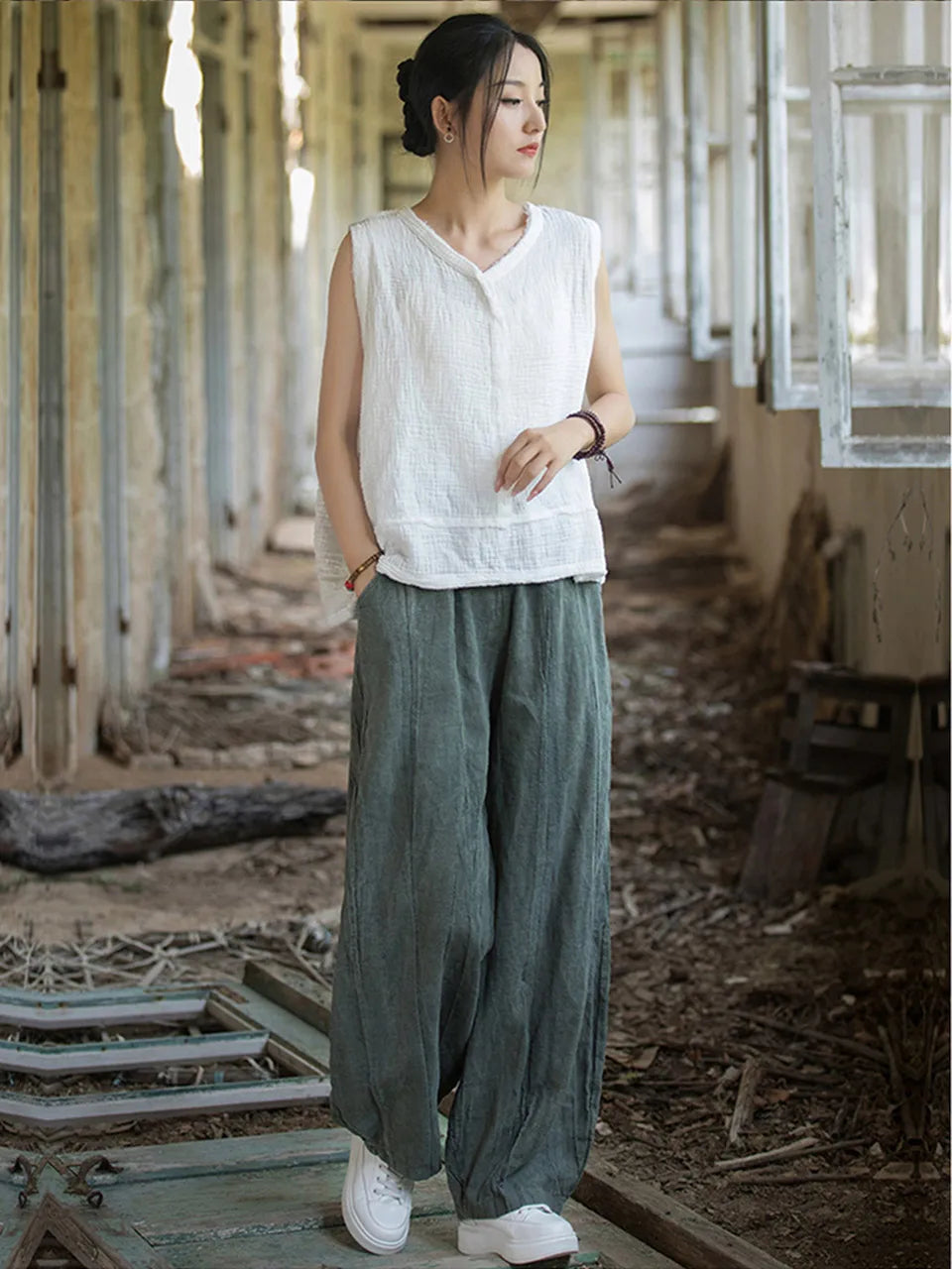 Elegant Women's Cotton Linen Baggy Cargo Pants Vintage Elastic Waist Yoga Trousers Loose Casual Long Wide Leg Oversize Clothes