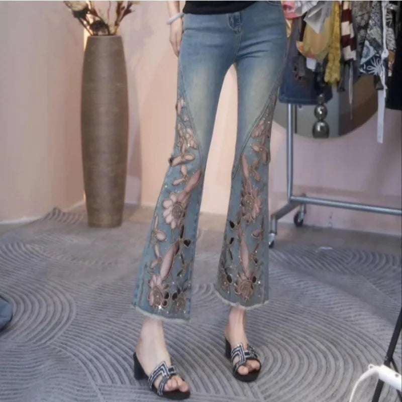 Summer 2026 New Fashion Hollowed-out Embroidered Brick Jeans for Women, High-waisted, Form-fitting 9-inch Slightly Flared Pants