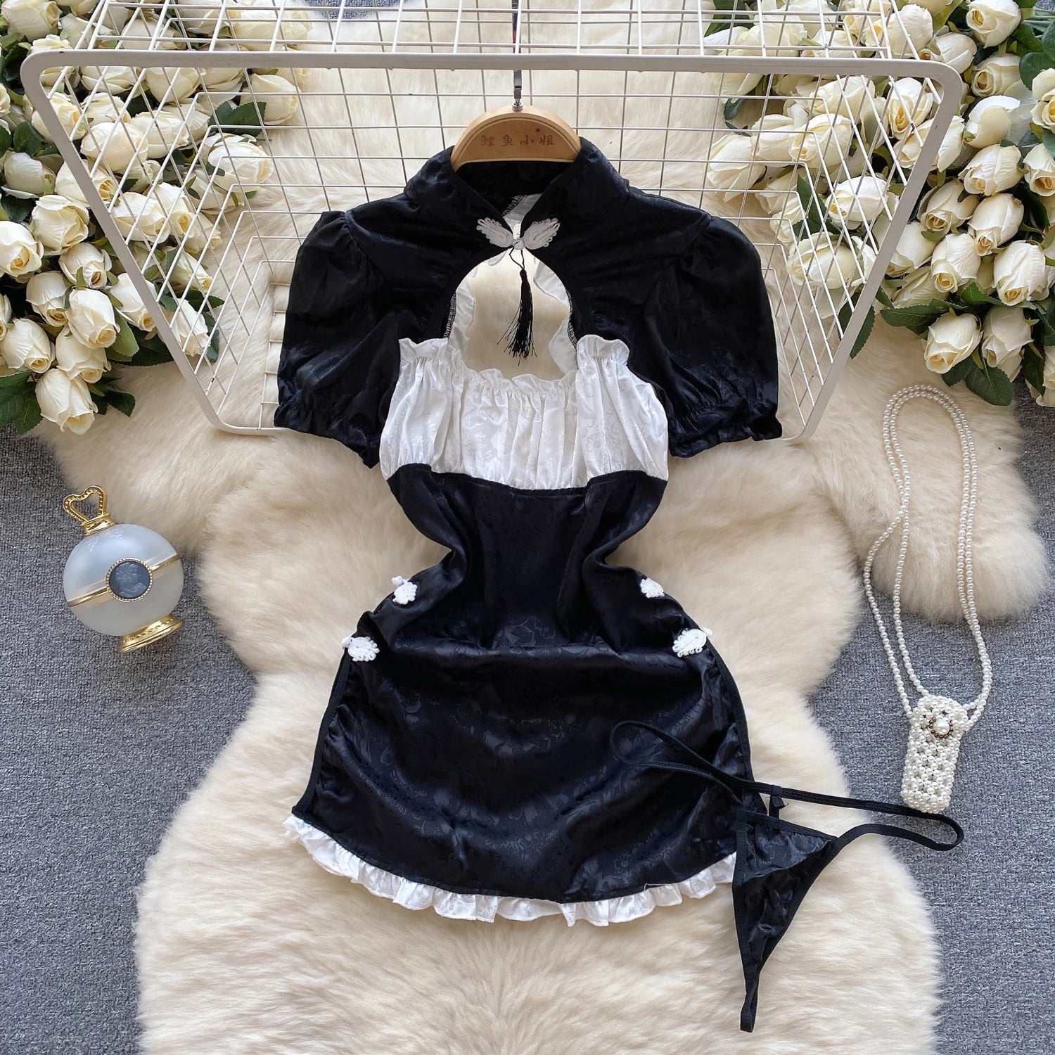 Japanese Sexy Print Kimono Slim Fit V-Neck Nightgown Loose Petal Sleeves Women's Erotic Lingerie Mini Irregular Patchwork Dress