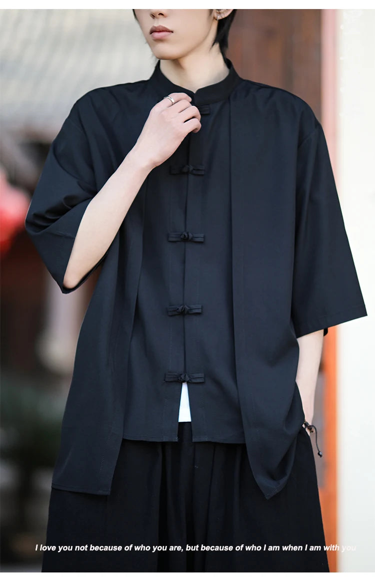 Chinese Shirt Men Ice Silk Chinese Style Comfortable Breathable Retro Shirt  Men Casual Summer Loose Fit Fashion Solid Color Top