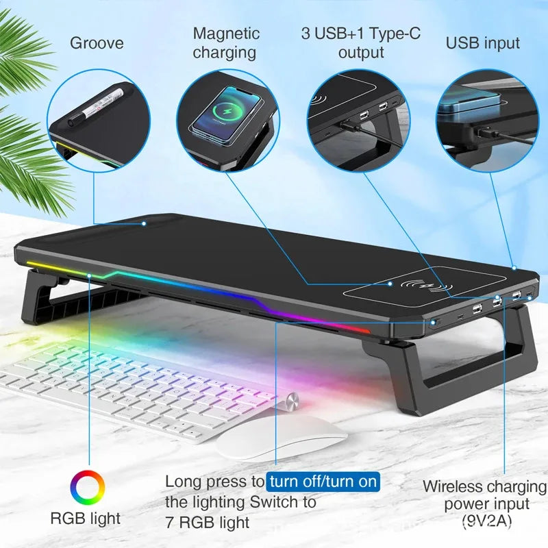 PC Monitor Stand 3 USB 2.0 Ports Keyboard Storage Space Bar Laptop Monitor Holder With RGB Light Type-C Wireless Charging